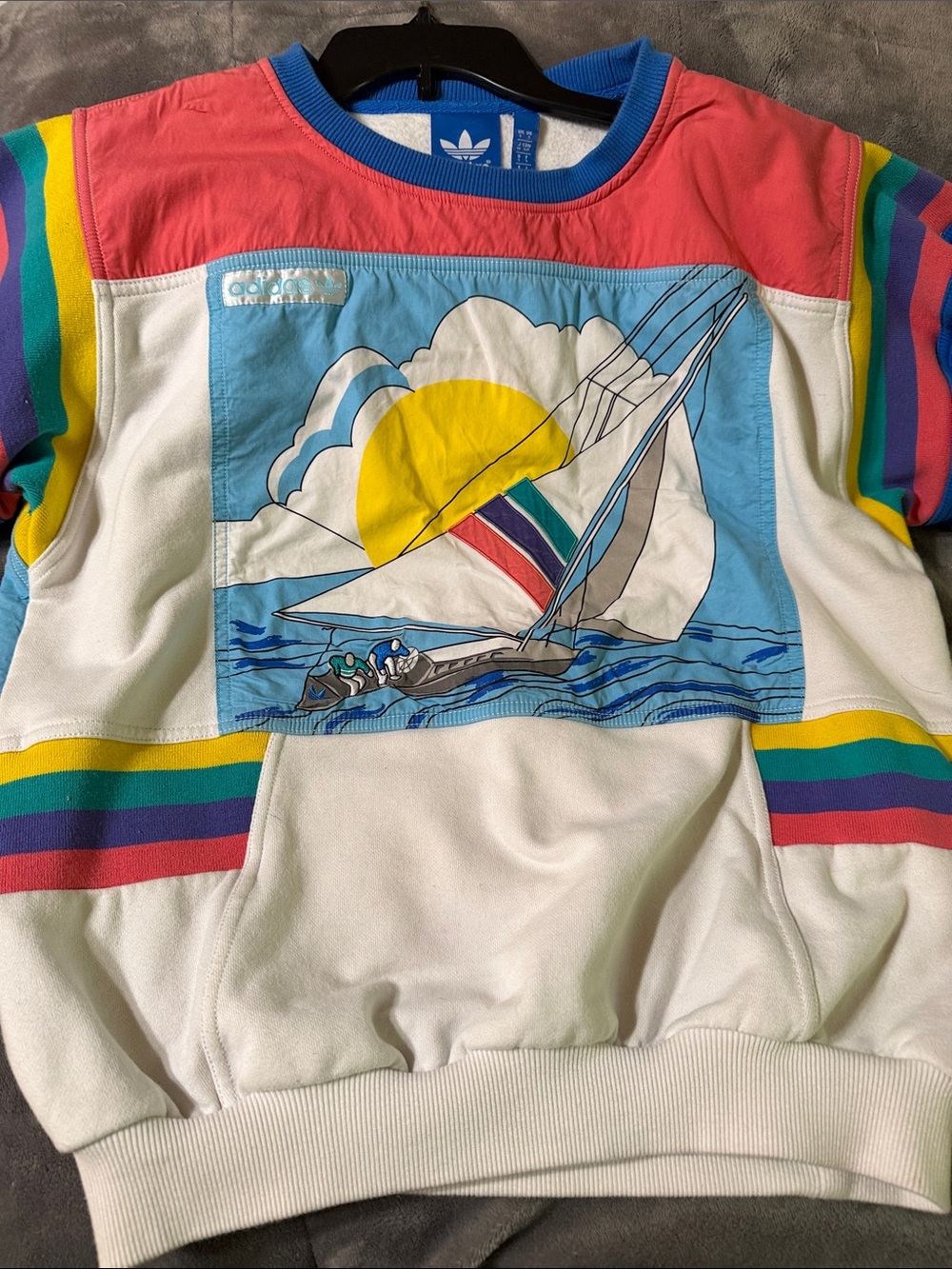 Adidas Vintage Sailboat Graphic Crewneck Sweatshirt - White with Rainbow Accents